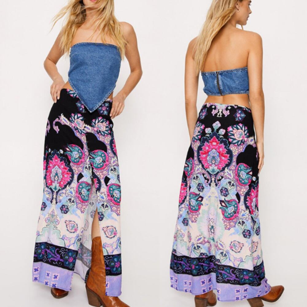 NEW! Nasty Gal Paisley Border Print Button Through Maxi Skirt 14 Navy Boho